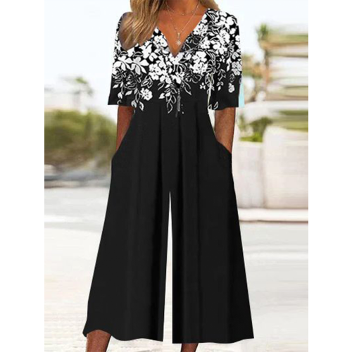 Plus Size Floral Pocket Stitching V Neck Casual Romper & Jumpsuit