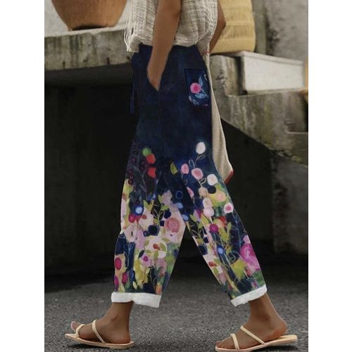 Pocket Stitching Vacation Floral Pants