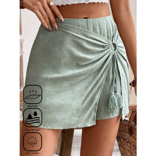 Linen Tassel Hem Casual Split Shorts