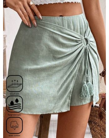 Linen Tassel Hem Casual Split Shorts